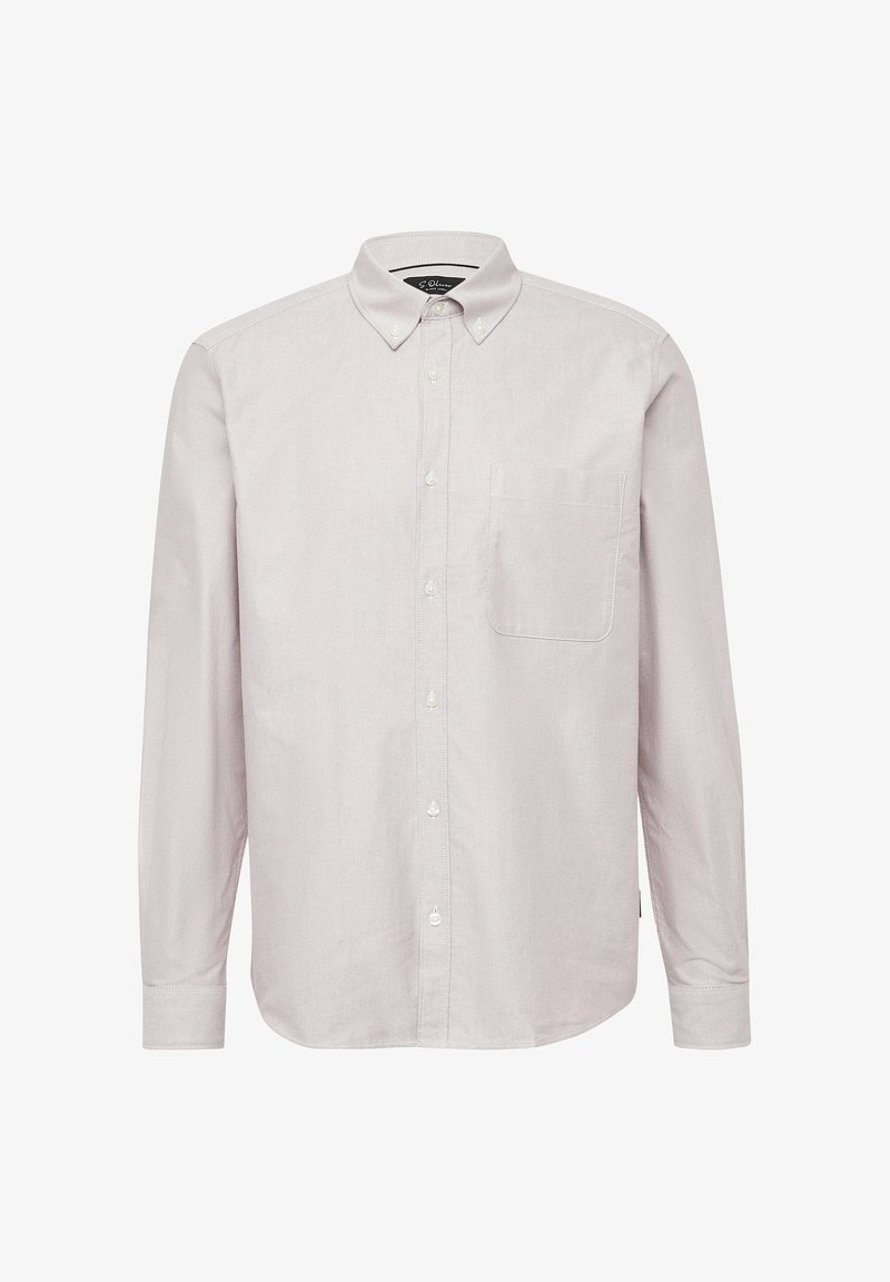 Camicia a maniche lunghe grigia chiaro realizzata in tessuto misto cotone, con colletto a bottoni, tasca frontale e finitura texturizzata.