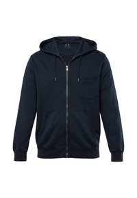 Navy blue zip-up hoodie with a front pocket, drawstring hood, and ribbed cuffs. Made of a soft, textured material.