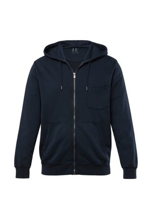 Granatowy hoodie zapinany na zamek z przednią kieszenią, kapturem ze sznurkiem i prążkowanymi mankietami. Wykonany z miękkiego, teksturowanego materiału.