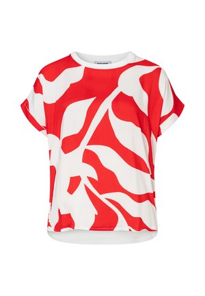 Wit blouse met korte mouwen, voorzien van een gedurfd rood abstract bladpatroon en een ronde halslijn.