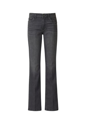 Jeansy dzwony z ciemnoszarego denimu, z klasycznym wzorem pięciu kieszeni, zapinane na guziki, z delikatnym blaknięciem z przodu i z tyłu.