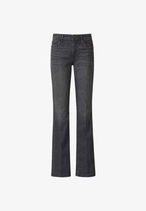 Jeansy dzwony z ciemnoszarego denimu, z klasycznym wzorem pięciu kieszeni, zapinane na guziki, z delikatnym blaknięciem z przodu i z tyłu.