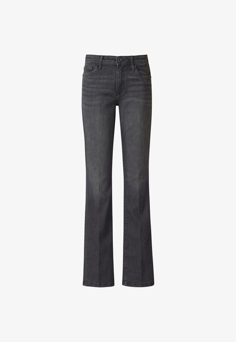 Jeans a zampa in denim grigio scuro, con classico design a cinque tasche, chiusura con bottoni e leggero scolorimento sul davanti e sul retro.