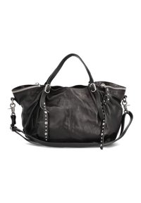 Borsa in pelle nera con un design spazioso, hardware in argento, manici superiori e una tracolla regolabile. Presenta dettagli borchiati e una cerniera.