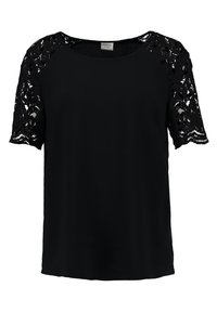 Černý top s krátkými krajkovými rukávy, kulatým výstřihem a hladkým tělem. Obsahuje složitý krajkový vzor na rukávech. Navržen pro každodenní nošení.