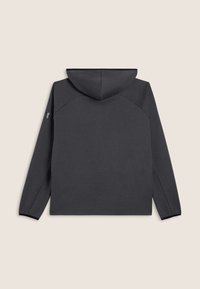 Felpa grigia con cappuccio, maniche lunghe e vestibilità comoda. Presenta spalle raglan e un sottile dettaglio del brand sul braccio sinistro.