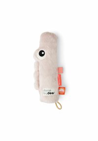 Stuffed plush octopus toy, soft pink fabric, round black and white eye, ruffled accents, fabric tags, loop for hanging or attachment.