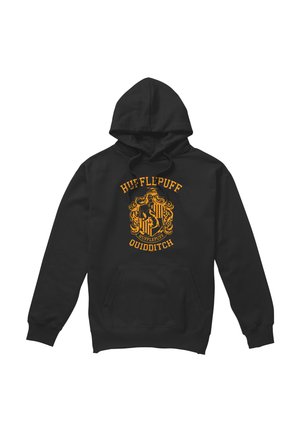 Black hoodie featuring yellow Hufflepuff crest and text "Hufflepuff Quidditch" on front, with drawstrings and front pocket.
