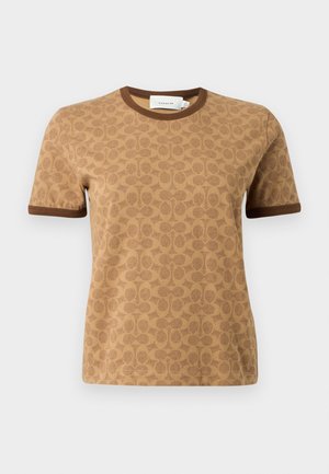 Short-sleeve brown t-shirt with subtle floral pattern and darker brown trim on collar and sleeve edges, tag visible inside collar.