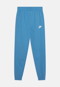 Nike sporta bikses spilgti zila auduma, ar elastīgu jostasvietu, sašaurinātām kājām un baltu logotipu kreisajā augšstilbā.