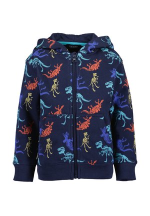 Marineblå hættetrøje med lynlås med farverige dinosaur-skeletprint i orange, gul, blå og grøn. Inkluderer hætte og forlommer.