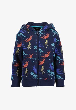Felpa con zip blu navy con stampe di scheletri di dinosauro colorati in arancione, giallo, blu e verde. Include un cappuccio e tasche frontali.