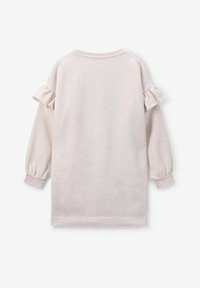 Helles beige Sweatshirt mit langen Ärmeln, Rüschendetails an den oberen Ärmeln, gerippten Bündchen und rundem Ausschnitt, von hinten gezeigt.