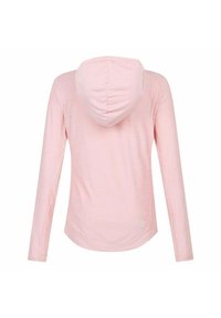 Pinke Langarm-Hoodie aus weichem, strukturiertem Stoff. Verfügt über eine Kapuze mit Kordelzug und einen abgerundeten Saum. Subtiles Streifenmuster über das gesamte Teil.