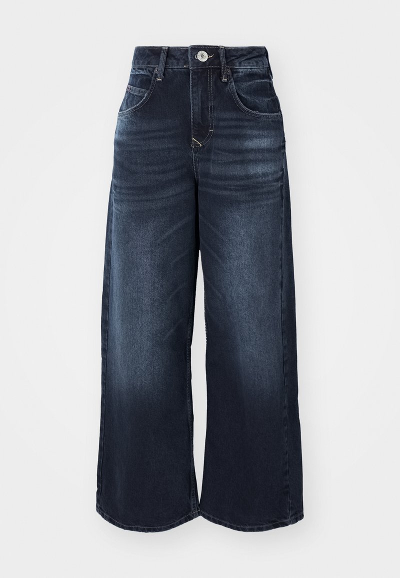 Dark blue wide-leg cropped jeans with front button and pockets, displayed against a white background.