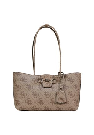 Bolso tote marrón de Guess con patrón de monograma, doble asa de hombro, detalle de hebilla frontal y etiqueta de la marca adjunta.