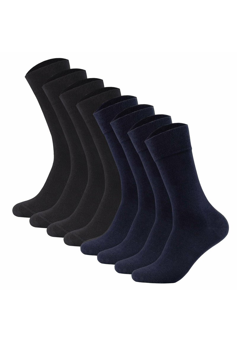 Paquete de calcetines en colores negro y marino. Hechos de un tejido suave y texturizado. Cada calcetín tiene un puño acanalado y un diseño de punta lisa y sin costuras.