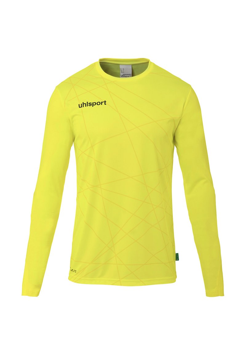 Maillot de gardien à manches longues, jaune vif, présentant un motif géométrique, fabriqué en tissu léger, avec un logo noir sur la poitrine.