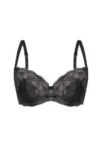 Czarny koronkowy biustonosz z fiszbinami w kwiatowy wzór i regulowanymi ramiączkami na białym tle.