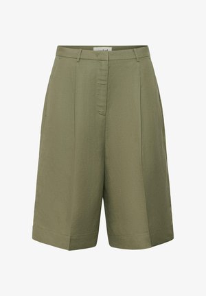 Oliveenvihreät, korkeavyötäröiset räätälöidyt shortsit, joissa vyölenkit, etutaskut ja piilotettu etukiinnitys.