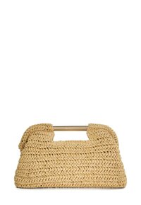 Beige woven handbag with a structured shape, featuring a gold-tone handle and a textured fabric that showcases a crocheted pattern.