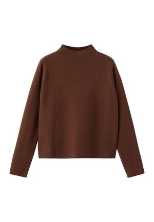 Suéter marrón de manga larga con cuello alto. Fabricado con una tela suave y texturada. Presenta una forma relajada y cuadrada, con un diseño minimalista.