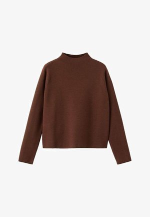 Maglione marrone a maniche lunghe con colletto alto. Realizzato in un tessuto morbido e strutturato. Presenta una forma rilassata e squadrata e un design minimale.