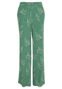 Gröna byxor med vida ben, prydda med vit och gul blommig grenprint, hög midja och sidfickor.