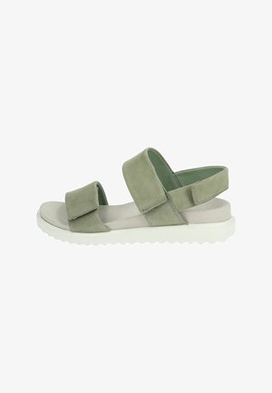 Green suede sandal with two wide straps, light beige footbed, and white rubber sole featuring a textured pattern for grip.