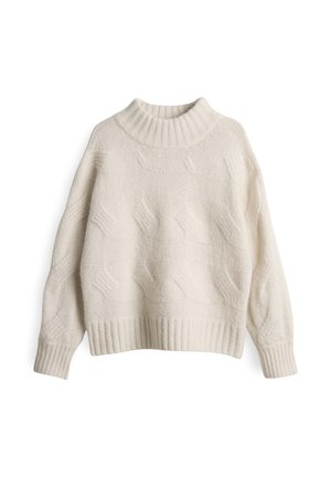 Strickpullover in Creme mit hohem Rippkragen, langen Ärmeln und strukturierten Wellenmustern. Besitzt einen gerippten Saum und Bündchen.