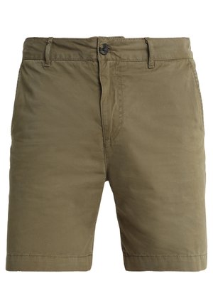 Olive green shorts made of cotton blend fabric, featuring a flat front, button closure, and straight cut with side pockets.