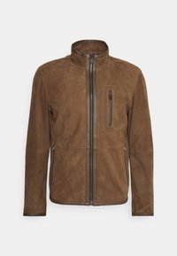 Brun mockaläderjacka med ståkrage, hel dragkedja fram och en ficka med dragkedja på bröstet. Har en slät textur och minimalistisk design.