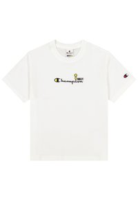 Valkoinen puuvillainen t-paita, jossa on mustalla ja keltaisella brodeerattu "Champion"- ja "Smiley"-logo, lyhyet hihat ja pyöreä kaula-aukko.