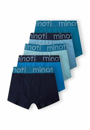 Šest parova pamučnih bokserica u tamnoplavoj, tirkiznoj i svijetloplavoj boji. Svaki par ima elastičnu traku s logom "minoti".