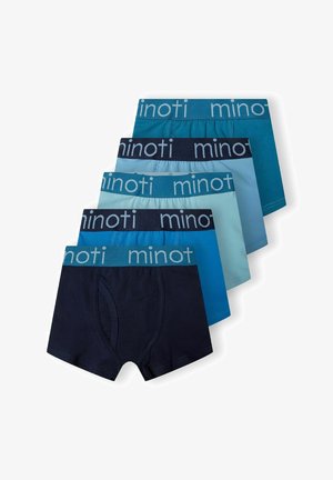Šest parov bombažnih bokseric v temno modri, turkizni in svetlo modri barvi. Vsak par ima elastičen pas z logotipom "minoti".