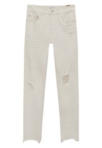 Jeans beige desgastados con un corte ajustado, dobladillos deshilachados y múltiples rotos en la parte delantera para un look informal y usado.