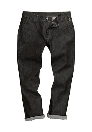 Schwarze Denim-Jeans mit geradem Schnitt, umgeschlagenen Säumen, kupferfarbener Stickerei, klassischem Knopfverschluss und fünf Taschen-Design.