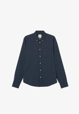 Dunkelblaues Langarm-Hemd mit Knopfleiste aus strukturiertem Stoff. Verfügt über eine Brusttasche und weiße Knopfverschlüsse an der Vorderseite.