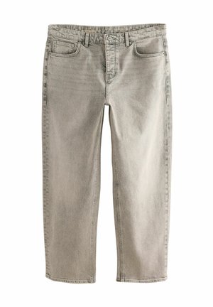 Lys grå denimjeans med lige ben, fem lommer og syede detaljer. Har en standard talje og lynlås.