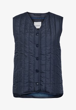 Navy blauw gewatteerd mouwloos vest met een V-hals, voorzien van zes knopen aan de voorkant, een zachte textuur en een contrasterende binnenkleur.