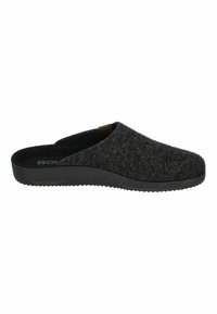 Zuecos negros de fieltro sin cordones con una superficie texturizada, una plantilla acolchada y una suela exterior de goma flexible con patrones de agarre.