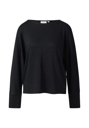 Schwarzes Langarmoberteil mit lockerem Schnitt, rundem Ausschnitt und dezent schimmernder Textur. Verfügt über breite Bündchen und einen Saum, der unterhalb der Taille endet.