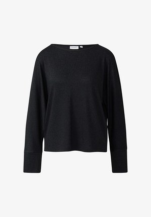 Schwarzes Langarmoberteil mit lockerem Schnitt, rundem Ausschnitt und dezent schimmernder Textur. Verfügt über breite Bündchen und einen Saum, der unterhalb der Taille endet.
