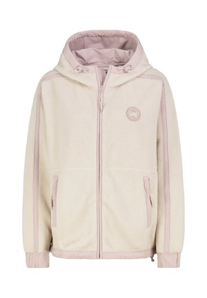 Cream fleece jacket with a pink interior and side accents, featuring a hood, front zipper, and two side pockets. Circular logo on chest.