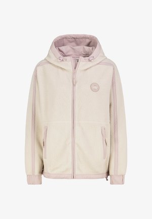 Cremfarbener Fleece-Jacke mit pinkem Innenfutter und seitlichen Akzenten, ausgestattet mit einer Kapuze, einem vorderen Reißverschluss und zwei Seitentaschen. Rundes Logo auf der Brust.