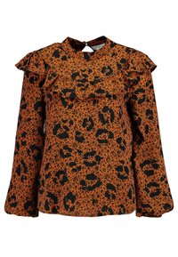 Blusa arancione con motivo floreale nero, dettagli arricciati sulle spalle, maniche lunghe e colletto alto con chiusura a oblò sul retro.