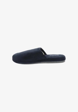 Pantofole slip-on in camoscio blu navy con punta arrotondata e morbida fodera interna, dotate di suola piatta in gomma per comfort e stabilità.