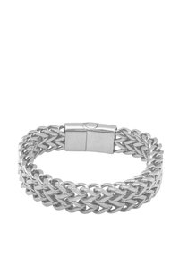 Bracciale in metallo argentato con design a catena intrecciata e chiusura rettangolare. Presenta una finitura lucida e una superficie liscia.