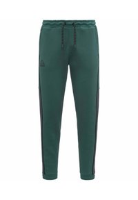 Pantaloni della tuta verdi con pannelli laterali neri, vita elastica e cordoncino. Presenta il logo Kappa sulla parte anteriore, realizzato in materiale morbido.