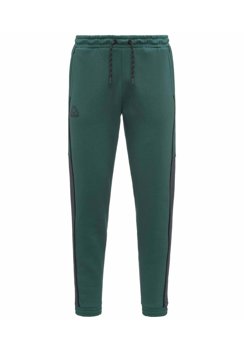 Pantaloni della tuta verdi con pannelli laterali neri, vita elastica e cordoncino. Presenta il logo Kappa sulla parte anteriore, realizzato in materiale morbido.